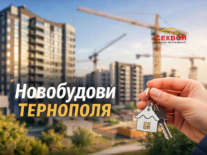 Банер для матеріалу про купівлю нерухомості в Тернополі, вибір житла, перевірку об’єкта та вигідні умови придбання.